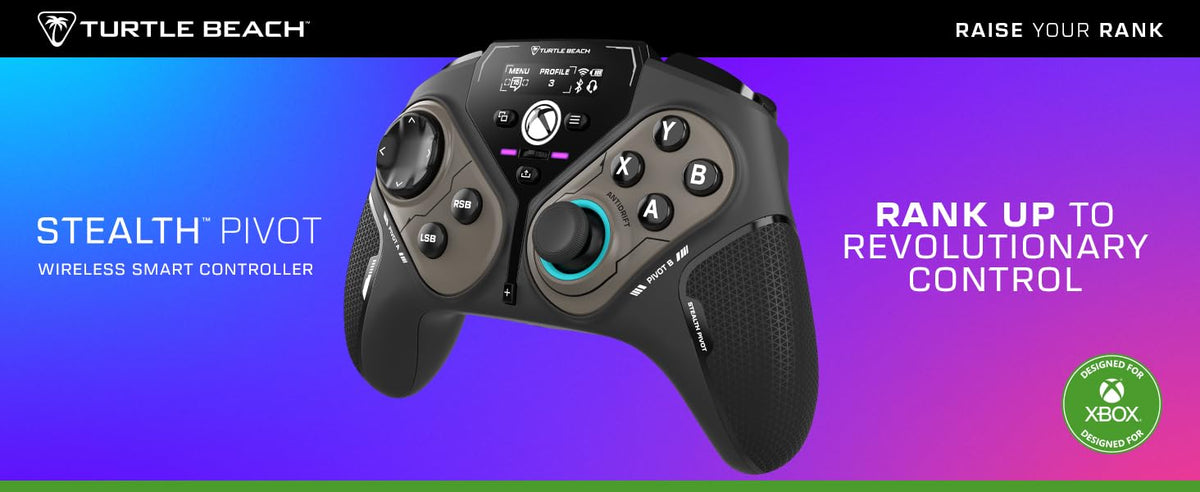 Turtle Beach Stealth Pivot Wireless Smart Game Controller Officially Licensed for Windows PC – Rotating Modules. Display Dashboard. Hall-Effect Sticks. Remappable Buttons. Bluetooth. 20-Hour Battery