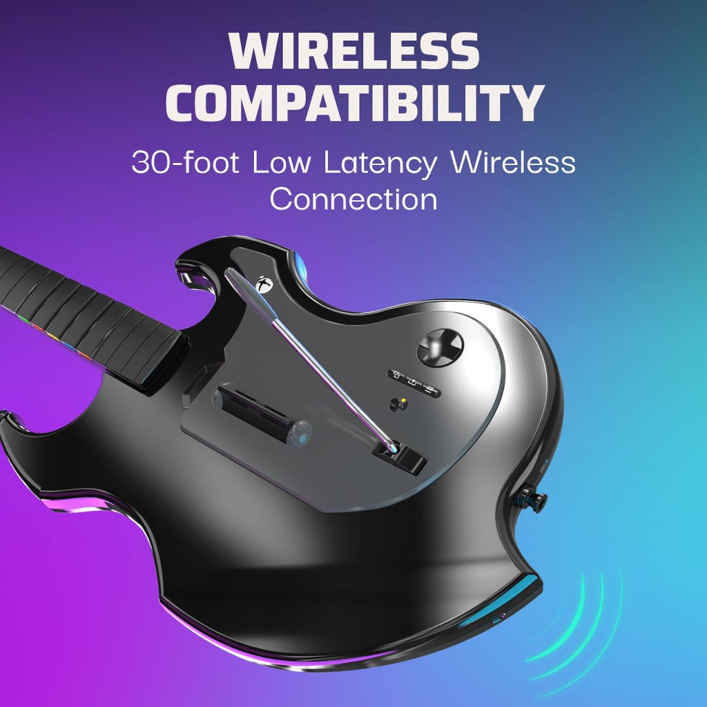 PDP Riffmaster Wireless Guitar Controller for Xbox Series X|S. Xbox One. PC | Licensed for Xbox. Rock Band 4 & Fortnite Festival. 3.5mm audio jack. Rechargeable 36-Hr Battery. Collapsible Design