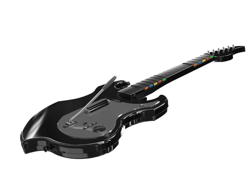 PDP Riffmaster Wireless Guitar Controller for PS5. PS4. PlayStation. PC | Licensed by Sony. Rock Band 4 & Fortnite Festival. 3.5mm audio jack. Rechargeable 36-Hr Battery. Collapsible Design