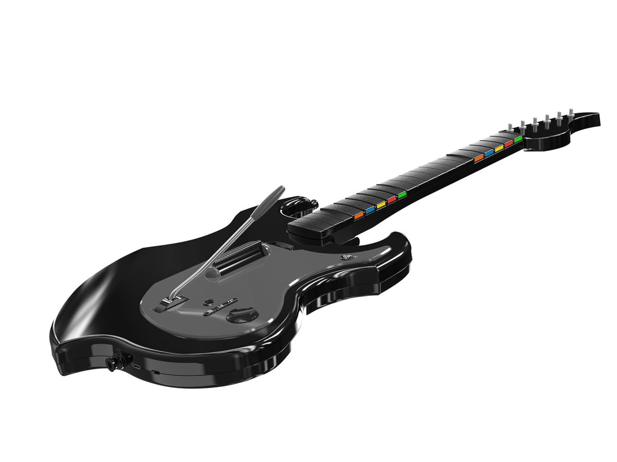 PDP Riffmaster Wireless Guitar Controller for PS5. PS4. PlayStation. PC | Licensed by Sony. Rock Band 4 & Fortnite Festival. 3.5mm audio jack. Rechargeable 36-Hr Battery. Collapsible Design