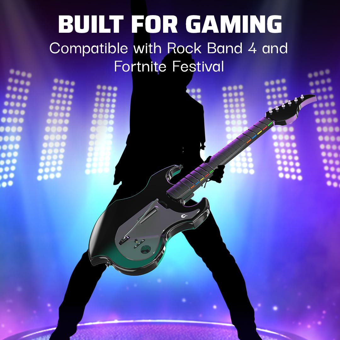 PDP Riffmaster Wireless Guitar Controller for Xbox Series X|S. Xbox One. PC | Licensed for Xbox. Rock Band 4 & Fortnite Festival. 3.5mm audio jack. Rechargeable 36-Hr Battery. Collapsible Design