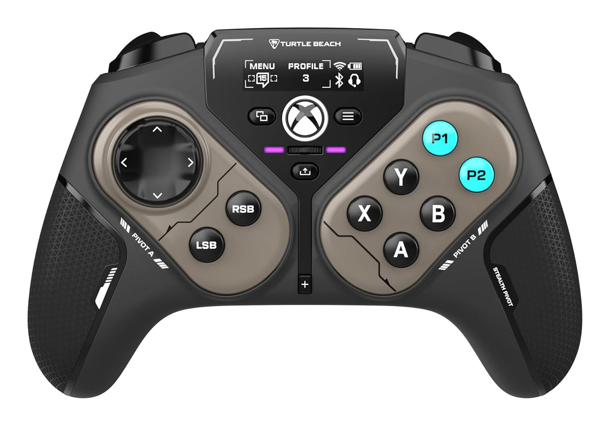 Turtle Beach Stealth Pivot Wireless Smart Game Controller Officially Licensed for Windows PC – Rotating Modules. Display Dashboard. Hall-Effect Sticks. Remappable Buttons. Bluetooth. 20-Hour Battery