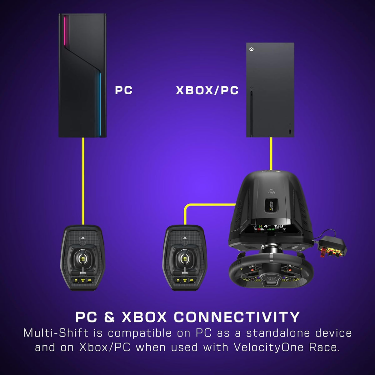 Turtle Beach VelocityOne Multi-Shift Sim Racing Shifter. Handbrake Xbox. PC | Xbox Series X|S. Xbox One. Windows PC. 7-Gear + R H-Gate & Sequential Shifter. Handbrake. Hall-Effect Magnetic Sensors