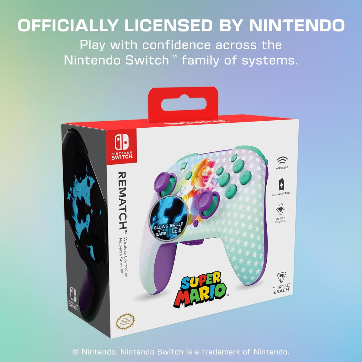 Turtle Beach Rematch Wireless Controller Invincible Mario Nintendo Switch 2 | Nintendo Switch Lite. OLED. Glow-in-the-Dark Design. Rechargeable 40-Hr Battery. 2 Mappable Back Buttons