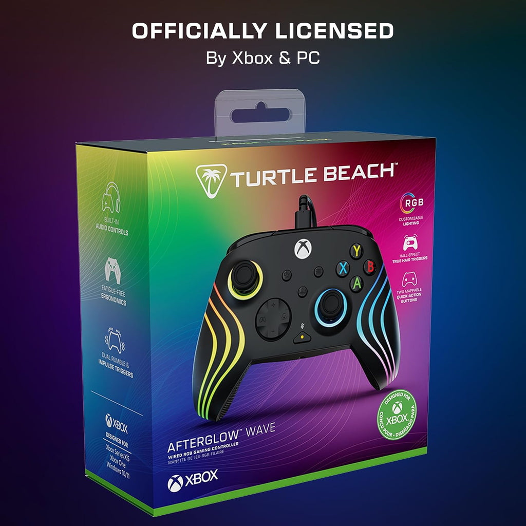 Turtle Beach Afterglow Wave Wired RGB Gaming Controller for Xbox & PC | Xbox Series X|S. Xbox One. Customizable RGB Lighting. 2 Mappable Buttons. Hall-Effect Hair Triggers. Audio Controls