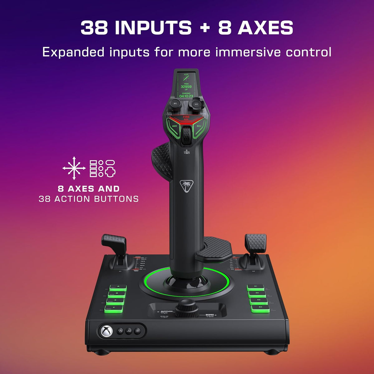 Turtle Beach VelocityOne Flightstick II for Xbox Series X|S. Xbox One & Windows PC - 16-bit Hall-Effect Precision. 8 Axes. 38 Programmable Inputs. RGB Lighting. Flight Display. HOTAS Expandable with Dual Throttle