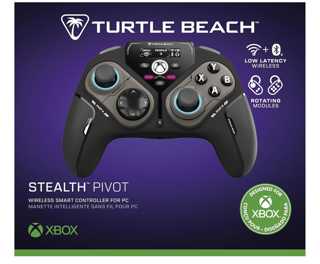 Turtle Beach Stealth Pivot Wireless Smart Game Controller Officially Licensed for Windows PC – Rotating Modules. Display Dashboard. Hall-Effect Sticks. Remappable Buttons. Bluetooth. 20-Hour Battery