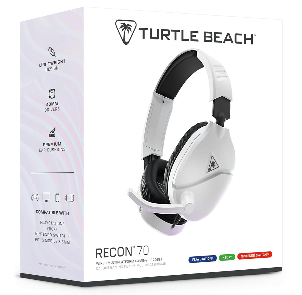 Turtle Beach Recon 70 Wired Multiplatform Gaming Headset for PS5. PC. Xbox | PlayStation. PS4. Xbox Series X|S. Xbox One. Mobile. Flip-to-Mute Mic. 40mm Speakers. Lightweight. Soft Earpads