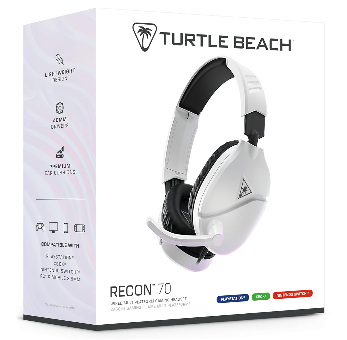 Turtle Beach Recon 70 Wired Multiplatform Gaming Headset for PS5. PC. Xbox | PlayStation. PS4. Xbox Series X|S. Xbox One. Mobile. Flip-to-Mute Mic. 40mm Speakers. Lightweight. Soft Earpads