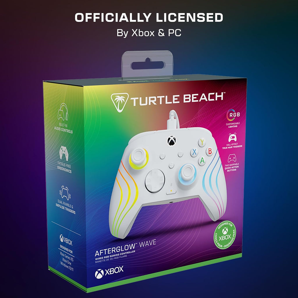Turtle Beach Afterglow Wave Wired RGB Gaming Controller for Xbox & PC | Xbox Series X|S. Xbox One. Customizable RGB Lighting. 2 Mappable Buttons. Hall-Effect Hair Triggers. Audio Controls