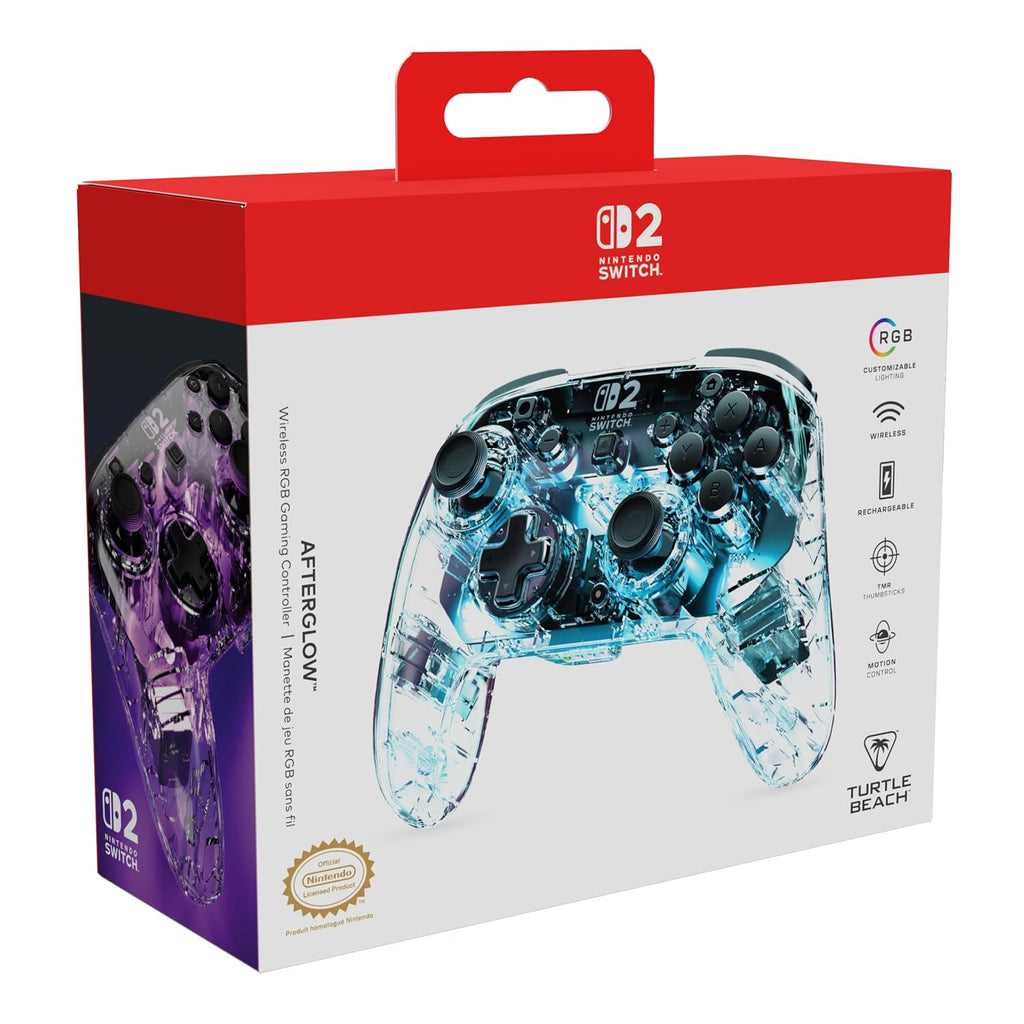 Turtle Beach Afterglow Wireless RGB Gaming Controller. Nintendo Switch 2 | Nintendo Switch Lite. OLED. TMR Thumbsticks. Rechargeable 40-Hr Battery. 2 Mappable Back Buttons. LED Lighting. Translucent