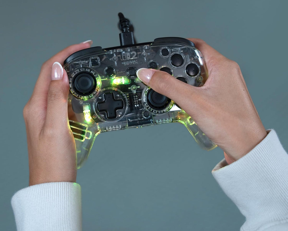 Turtle Beach Afterglow Wired RGB Gaming Controller. Nintendo Switch 2. Lite | Nintendo Switch OLED. Hall-Effect Thumbsticks. 2 Mappable Back Buttons. Adjustable LED Lighting. Audio Jack. Translucent