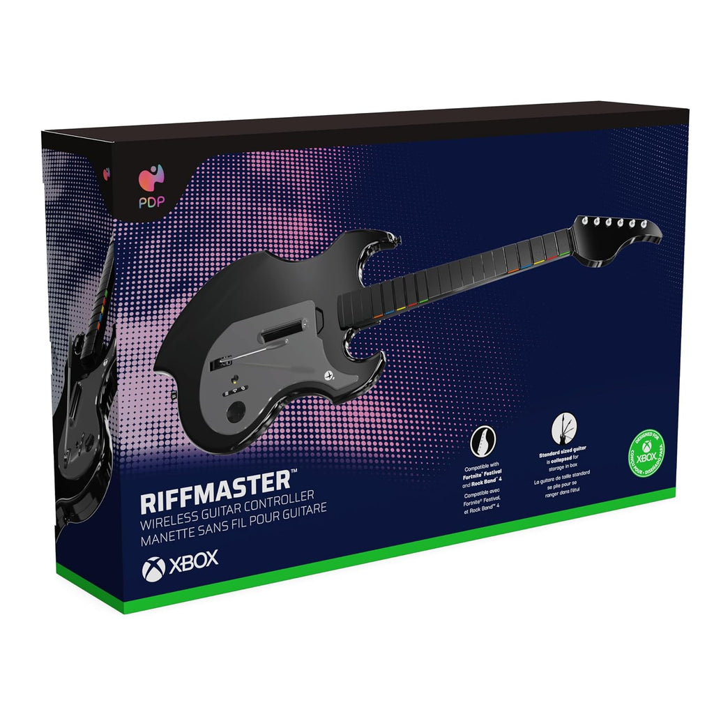 PDP Riffmaster Wireless Guitar Controller for Xbox Series X|S. Xbox One. PC | Licensed for Xbox. Rock Band 4 & Fortnite Festival. 3.5mm audio jack. Rechargeable 36-Hr Battery. Collapsible Design