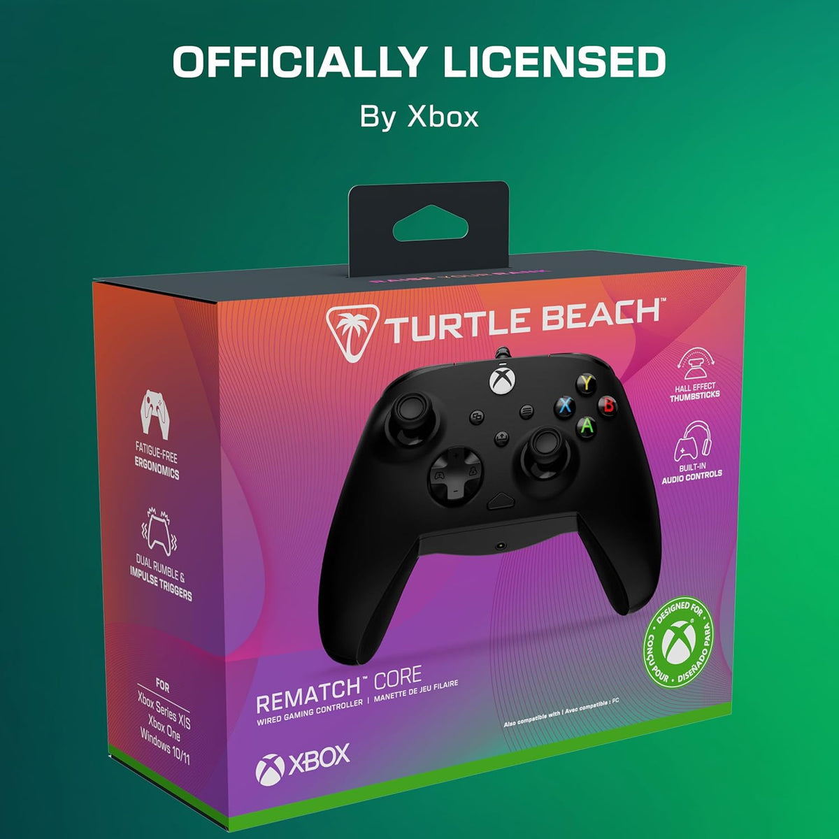 Turtle Beach Rematch Core Wired Gaming Controller. Xbox Series X|S. PC | Xbox One. Hall-Effect Thumbsticks. Audio Controls. Rumble Motors & Impulse Triggers. Ergonomic.
