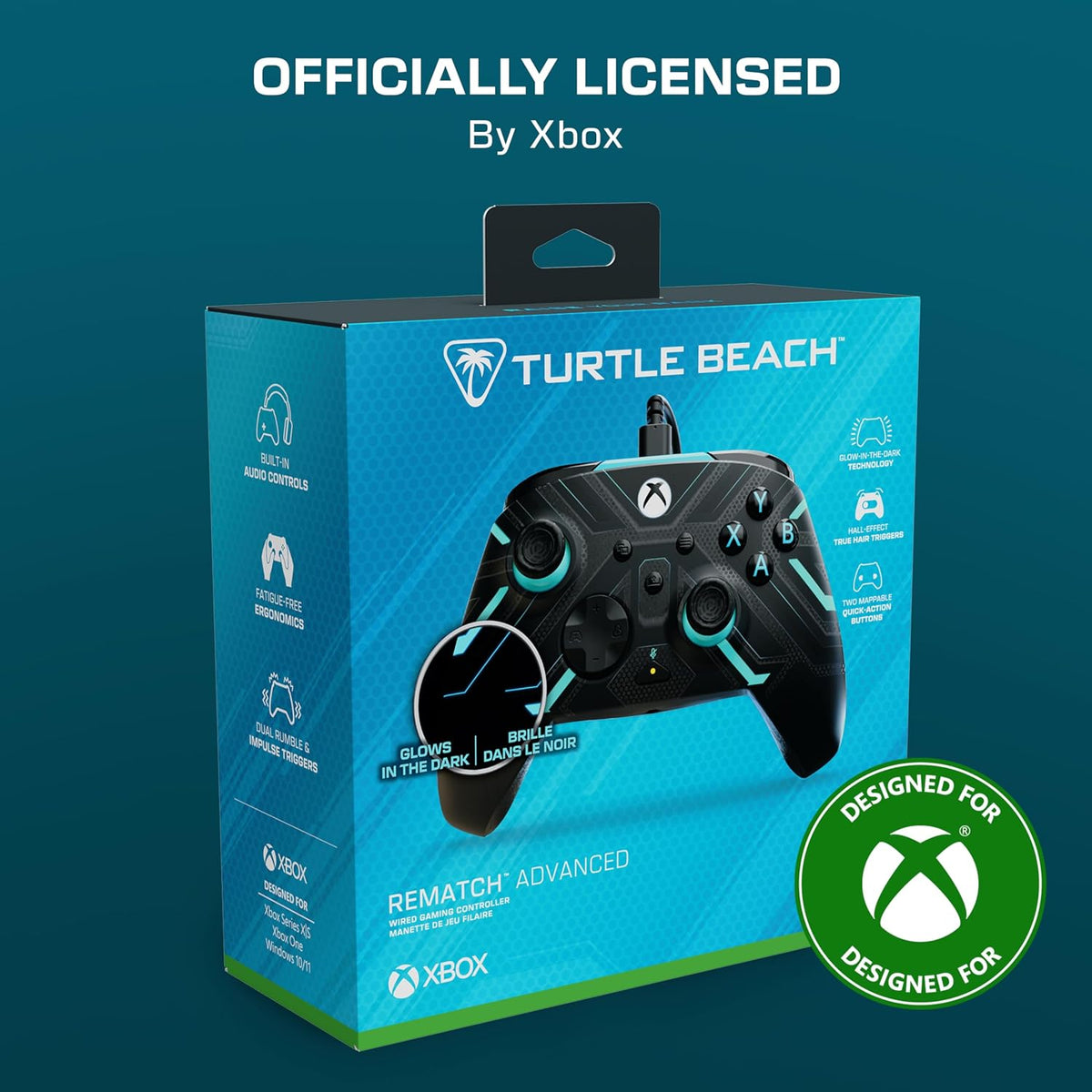 Turtle Beach Rematch Advanced Wired Gaming Controller for Xbox & PC | Xbox Series X|S. Xbox One. PC. 2 Remappable Buttons. Hall-Effect Triggers. Audio Controls. Glows-in-the-Dark